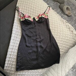 Floral Embroidered Black Slip Dress